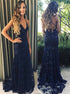 Dark Blue Chiffon Lace Up Mermaid Prom Dress LBQ0693